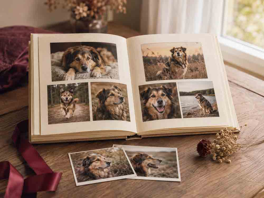 Geöffnetes Erinnerungsalbum mit Fotos eines geliebten Hundes