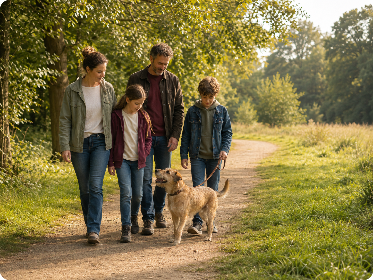 Blick nach vorne richten 1 Familie geht behutsam mit einem Pflegehund auf einem ruhigen Waldweg spazieren