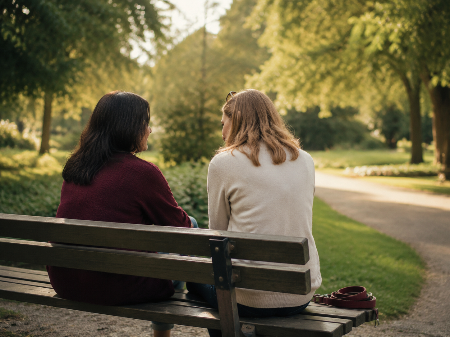 Zwei Menschen sprechen auf einer Parkbank über ihre Gefühle